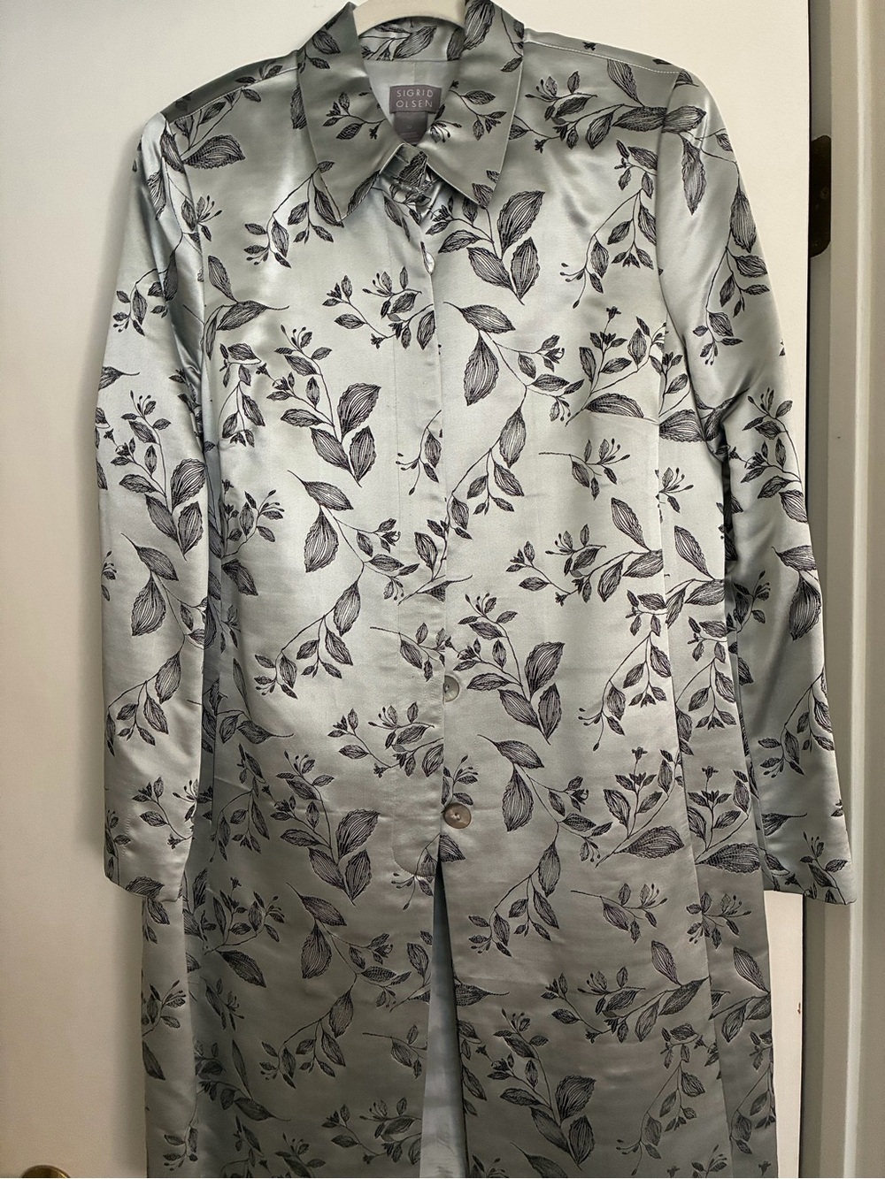 Sigrid Olsen Silver-Gray Silk Leaf Print Evening Coat